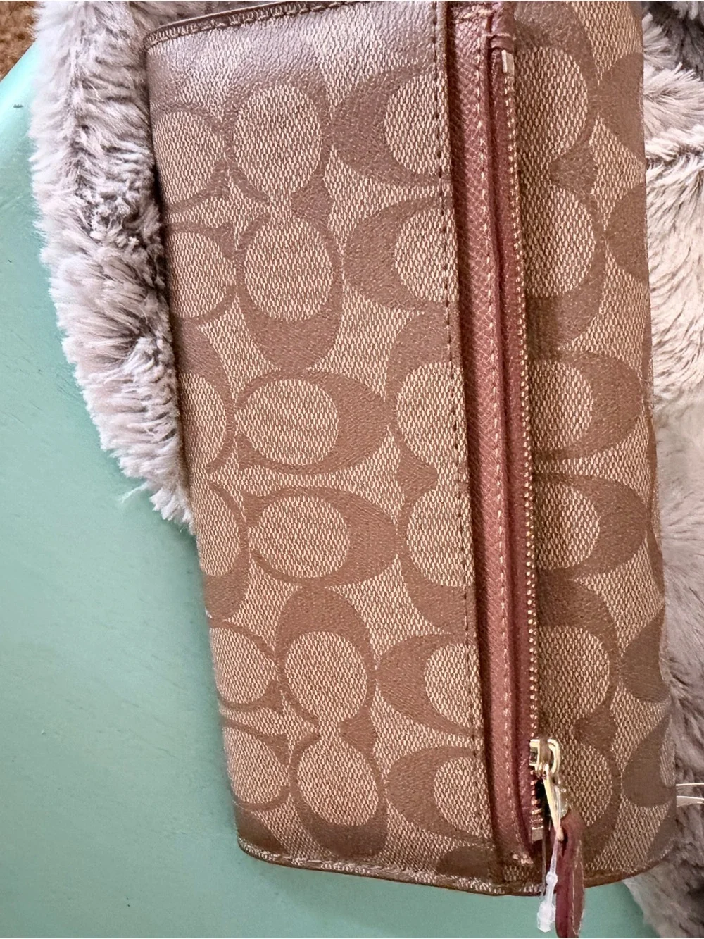 Coach Brown Signature Canvas Card & Key Holder with Gold Plaque
